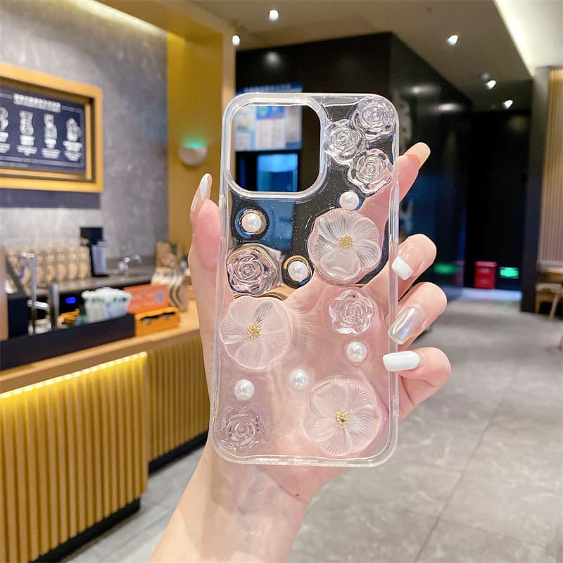 3D Pearl Crystal Flower Case Compatible with iPhone 16 Pro Max, 17, Anti-Drop 15/14 Full Coverage