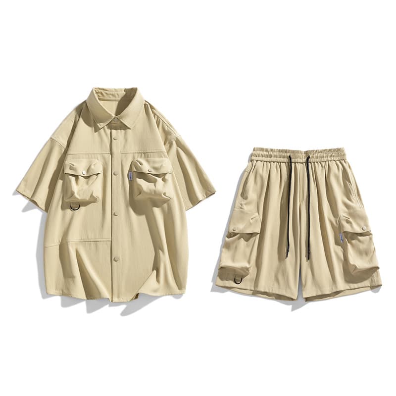 Summer New Men's Cargo Short Sleeve Suit Loose Casual Two-Piece Set Trendy Shirt Shorts Men's Wear