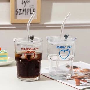 Heart Bamboo Joint Glass Cup with Straw, Trendy High-Aesthetic Coffee, Milk, and Juice Cup, Dual-Drink Tumbler