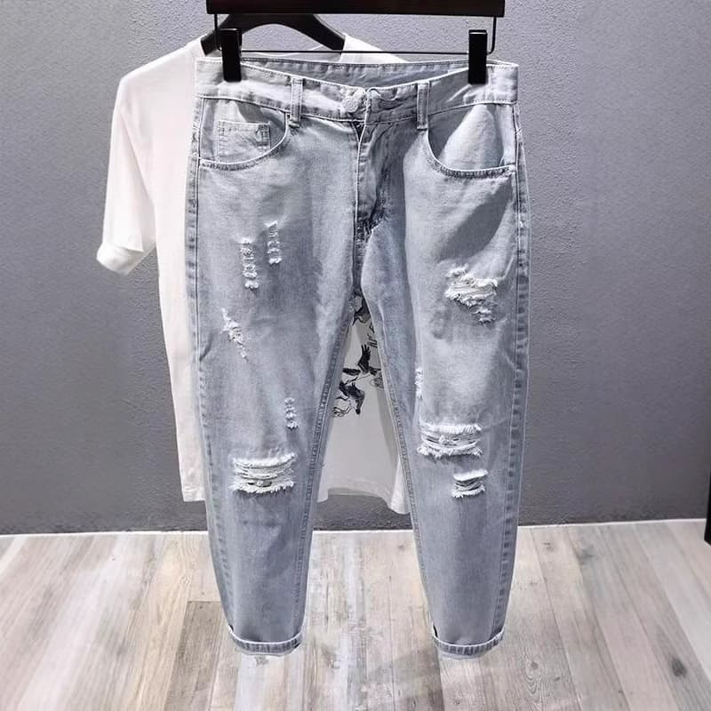 Summer Light Blue Men's Jeans Loose Straight Leg Casual Pants Thin Nine Points Torn Hole Jeans Loose Fit