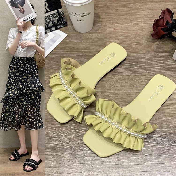 Fairy Style Pearl Lace Sandals for Women, 2025 Summer New Arrival, Flat Beach Sandals That Make Feet Look Smaller