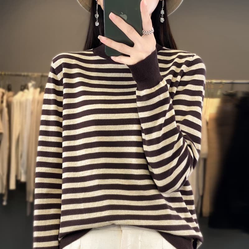 Autumn and winter new style half turtleneck striped sweater women's fashionable long-sleeved outer top versatile knitted bottoming shirt jacket