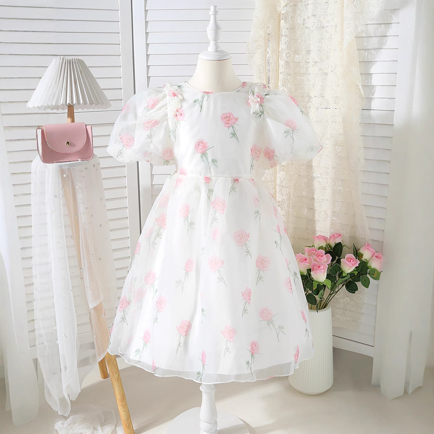 Amazon Bestseller Summer New Girls Floral Print Puff Sleeve Fashion Back Bow Princess Dress