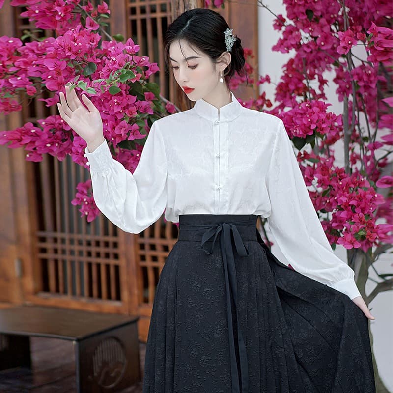 Improved Hanfu Women's Han-Element Chinese Style Daily Stand Collar Blouse Jacquard Horse Face Skirt Long Skirt Fairy Two-Piece Set