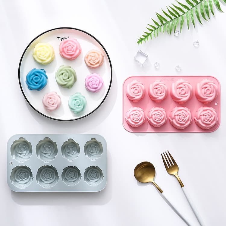 In Stock: 8-Piece Set of 2 Different Sizes of Rose-Shaped Silicone Molds for Handmade Soap, Cake, and Chocolate