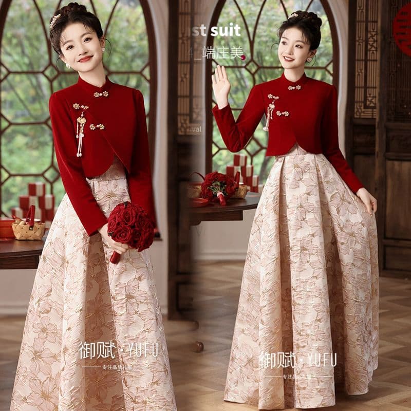 Bride Toast Dress Set Plus Size 2025 Autumn Winter New Chinese Style Cheongsam Thickened Wedding Banquet Dress
