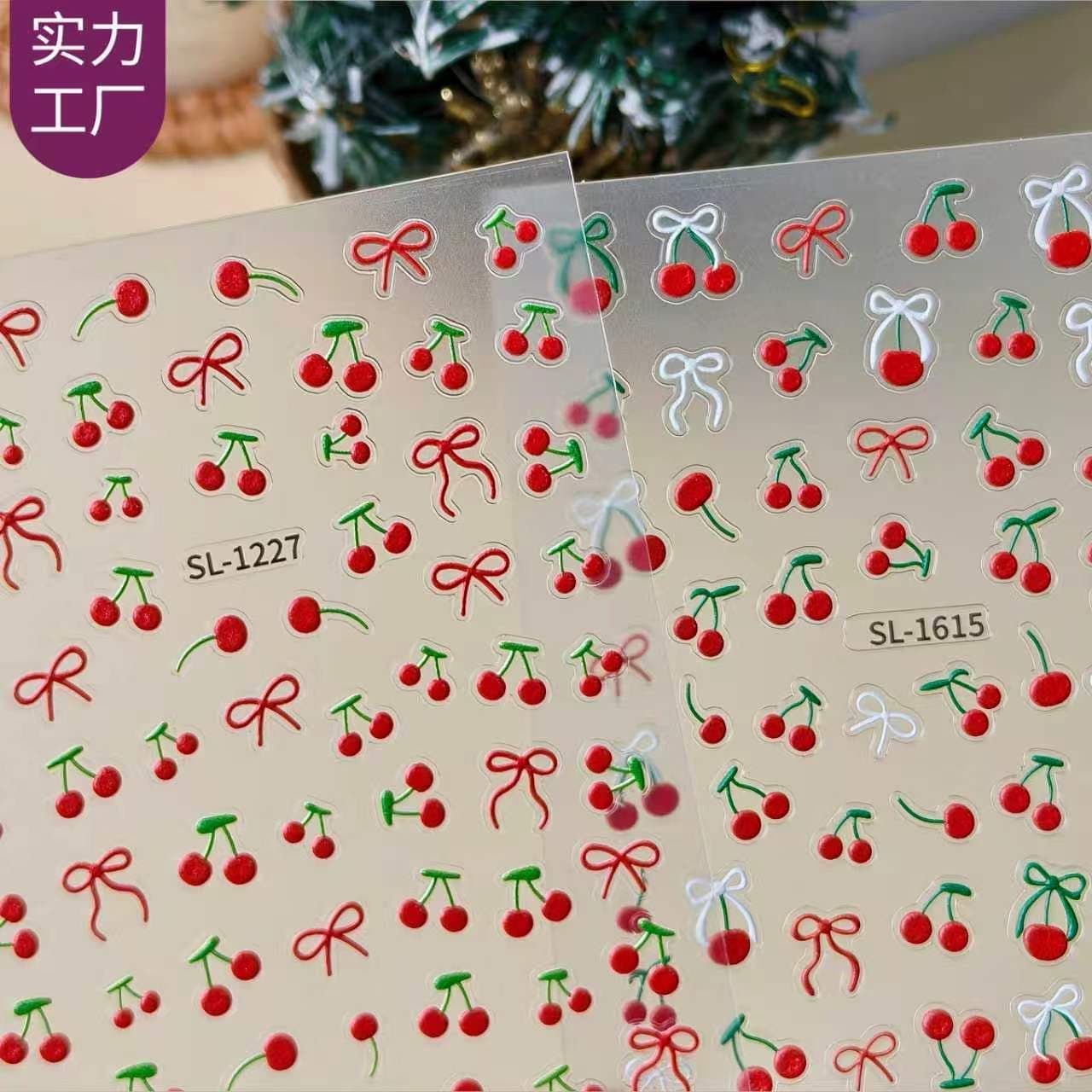 Cross-border Cherry Bow Nail Stickers 3D Waterproof Sweet Cherry DIY Embossed Nail Stickers SL Style