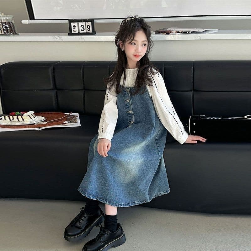 2025 New Style Stylish Denim Overalls Set for Girls, Two-Piece Spring and Autumn Dress