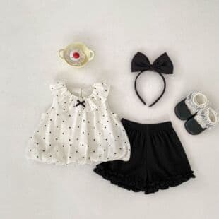New Baby Girl Cute Polka Dot Bow Sleeveless Top and Shorts Set, Summer Two-Piece Trendy