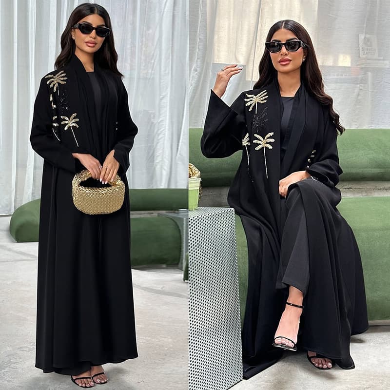 Black Embroidered Muslim Women's Outerwear Dubai Arab Bead Patchwork Robe Modest Cross-Border Popular Streetwear