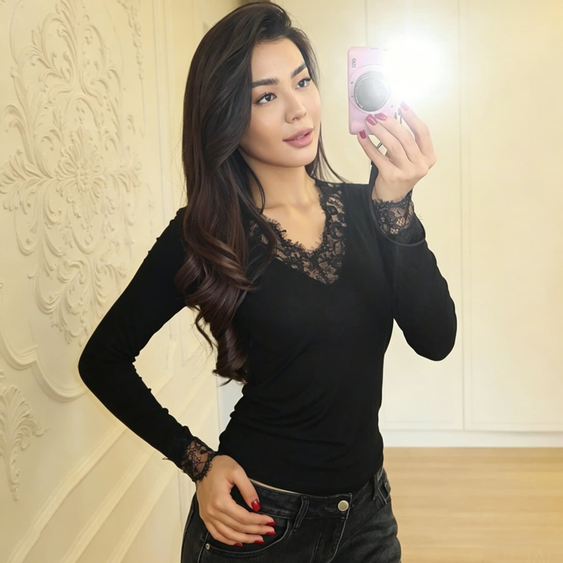Purely Sensual New V-Neck Lace Trim Long-Sleeve T-Shirt for Women, Spring and Autumn, Slim-Fit, Flattering Base Shirt for Trendy Women
