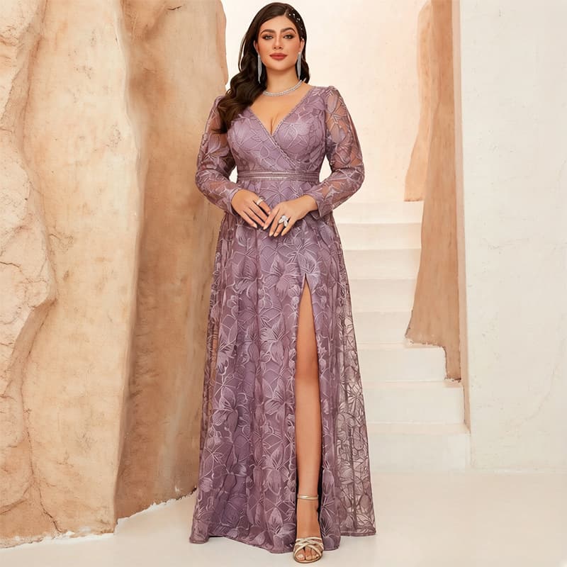 New Split V-Neck Evening Dress Cross-Border Party Gown New Style Medium Sleeve Fashionable Sexy Mesh Fabric In Stock