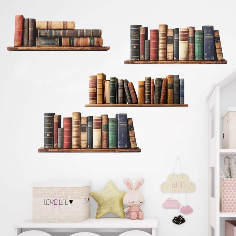 New Retro Bookshelf MT2700 Removable PVC Self-Adhesive DIY Waterproof Wall Decal for Living Room Hallway Decoration