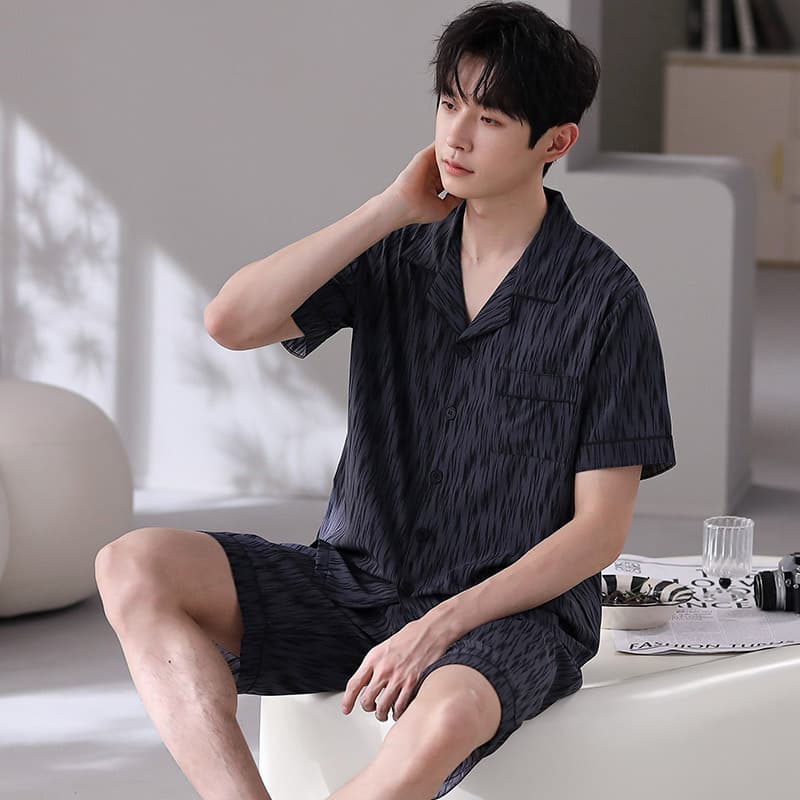 Men's Summer Thin Ice Silk Pajama Set Simple Luxury Teenage Boys Korean Style Silk Short Sleeves Home Clothes Suit
