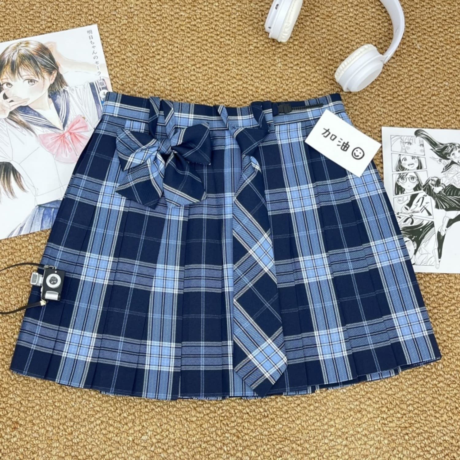 Heart Signal Blue Plaid Pleated Skirt Japanese School Style JK Uniform Skirt High Waist Slimming A-line Plaid Skirt Set