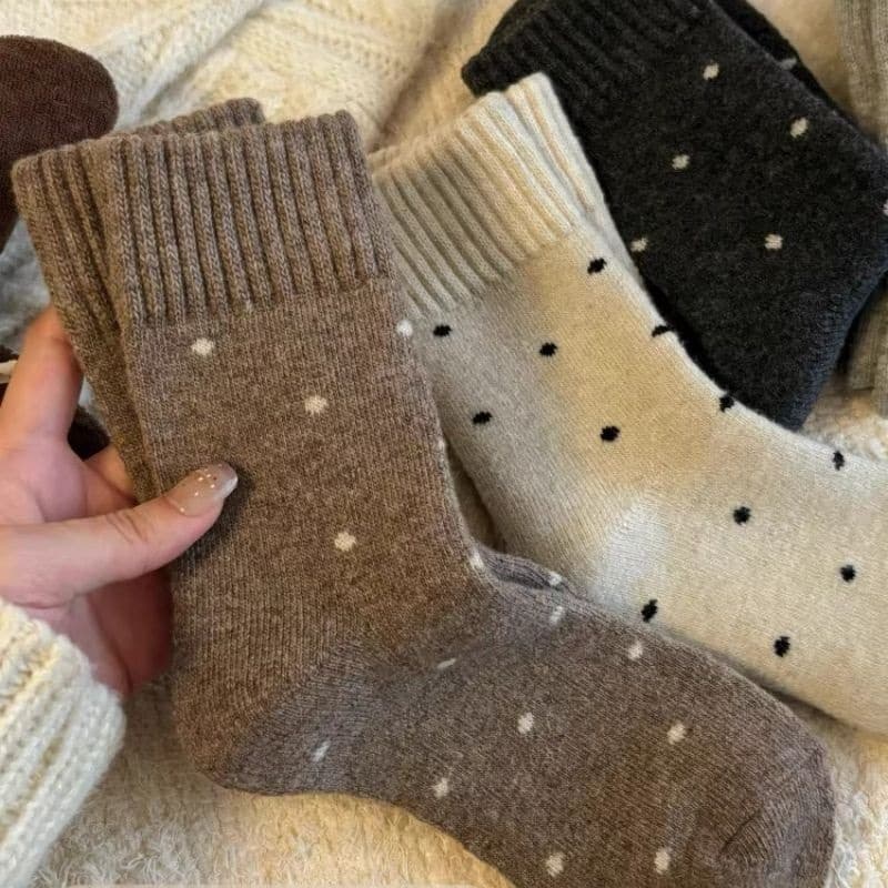 Women's Warm Autumn/Winter Fleece-Lined New Pattern Polka Dot Loop Mid-Calf Cute Versatile Retro Slouch Socks
