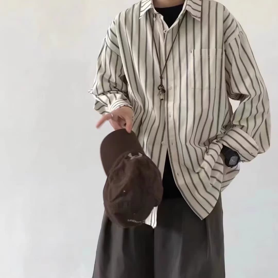 Spring Men's Striped Shirt Korean Style Loose-Fit Long Sleeve Hong Kong Style Student Casual Jacket Simple Generous Fit