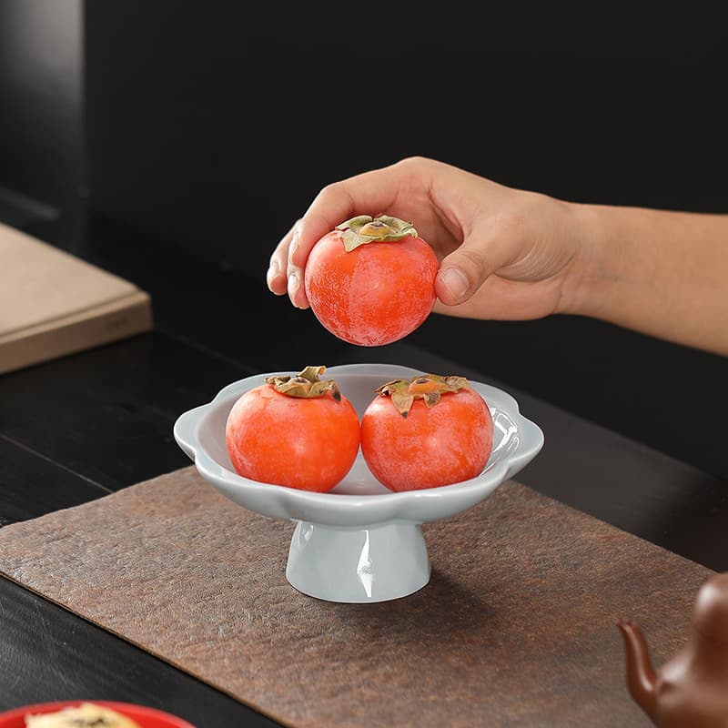 High-Footed Ceramic Fruit Plate Tray for Offering, Serving Tray for Tea Brewing Around the Stove, Premium Porcelain Fruit Plate for Spring Festival Offerings