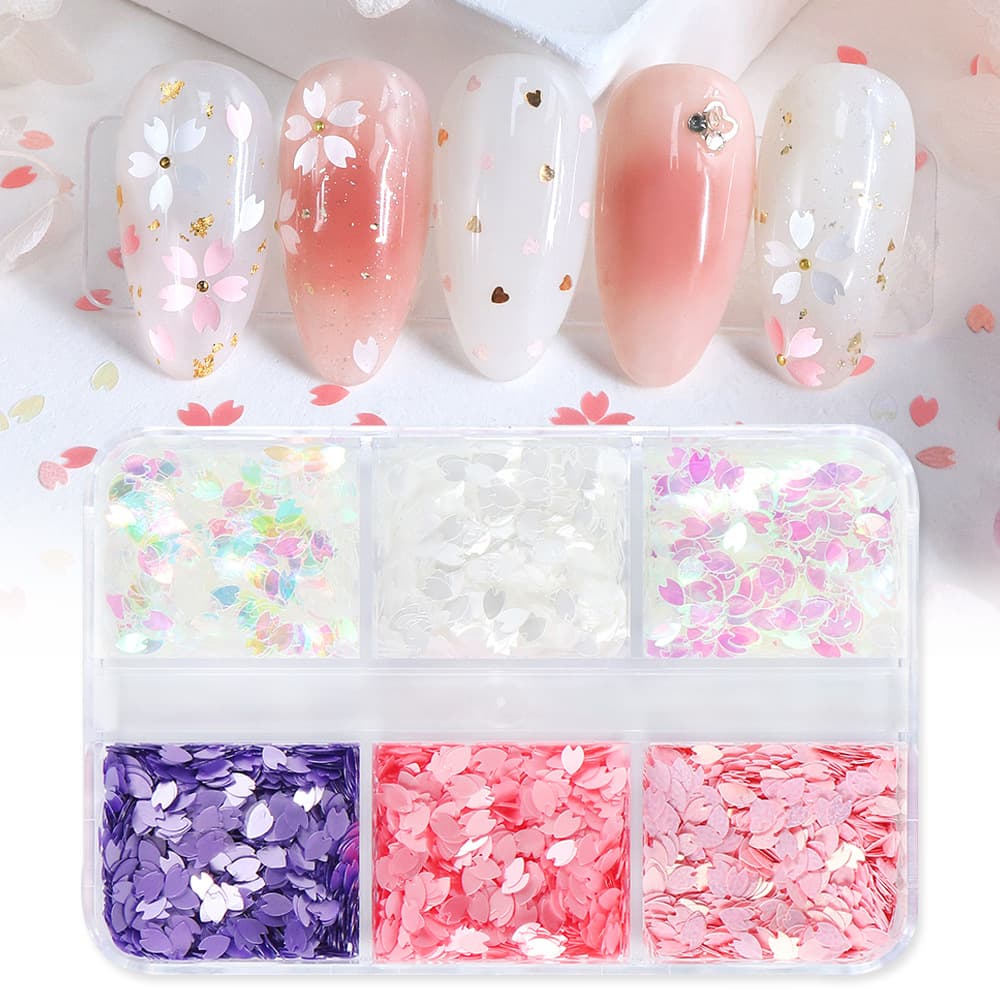 6-Grid White Cherry Blossom Petal Sequins Japanese Nail Art Stickers Accessories Colorful Polarized Nail Decorations