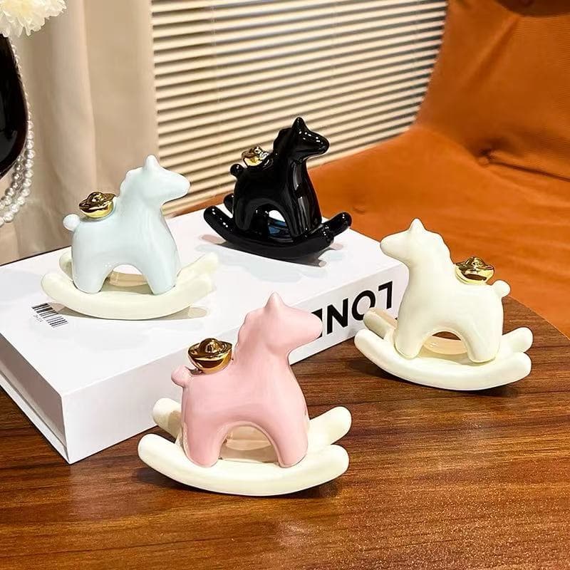 Creative cute rocking horse ceramic ornaments modern simple green horse cute tea pet tea player household pink horse small ornaments