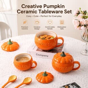 Breakfast Milk Cup Oatmeal Cup Cross-border Creative Ceramic Pumpkin Cup with Lid and Spoon Cross-border Steamed Egg Cup Noodle Bowl