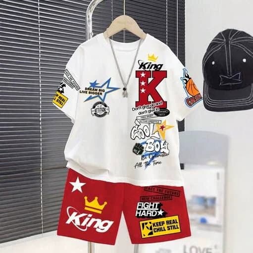 American KING Graffiti Short Sleeve Shorts Set White Top with All-Over Multi-Element Letter Star Basketball Print
