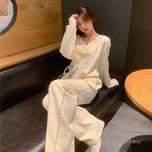 Women's Casual Sportswear Set 2026 Spring/Autumn New V-Neck Slim Fit Sweatshirt Wide-Leg Pants Two-Piece Set Ins Style
