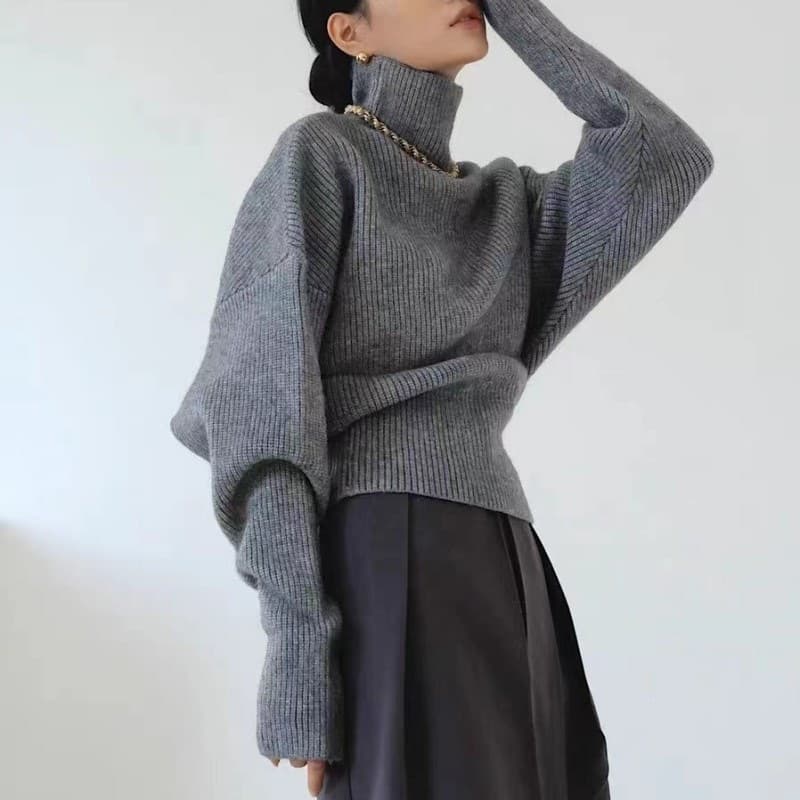 High-neck Lazy Fit Knit Sweater for Women, Autumn/Winter, Soft Solid Color Loose Inner Layer, Korean-style Elegant Sweater