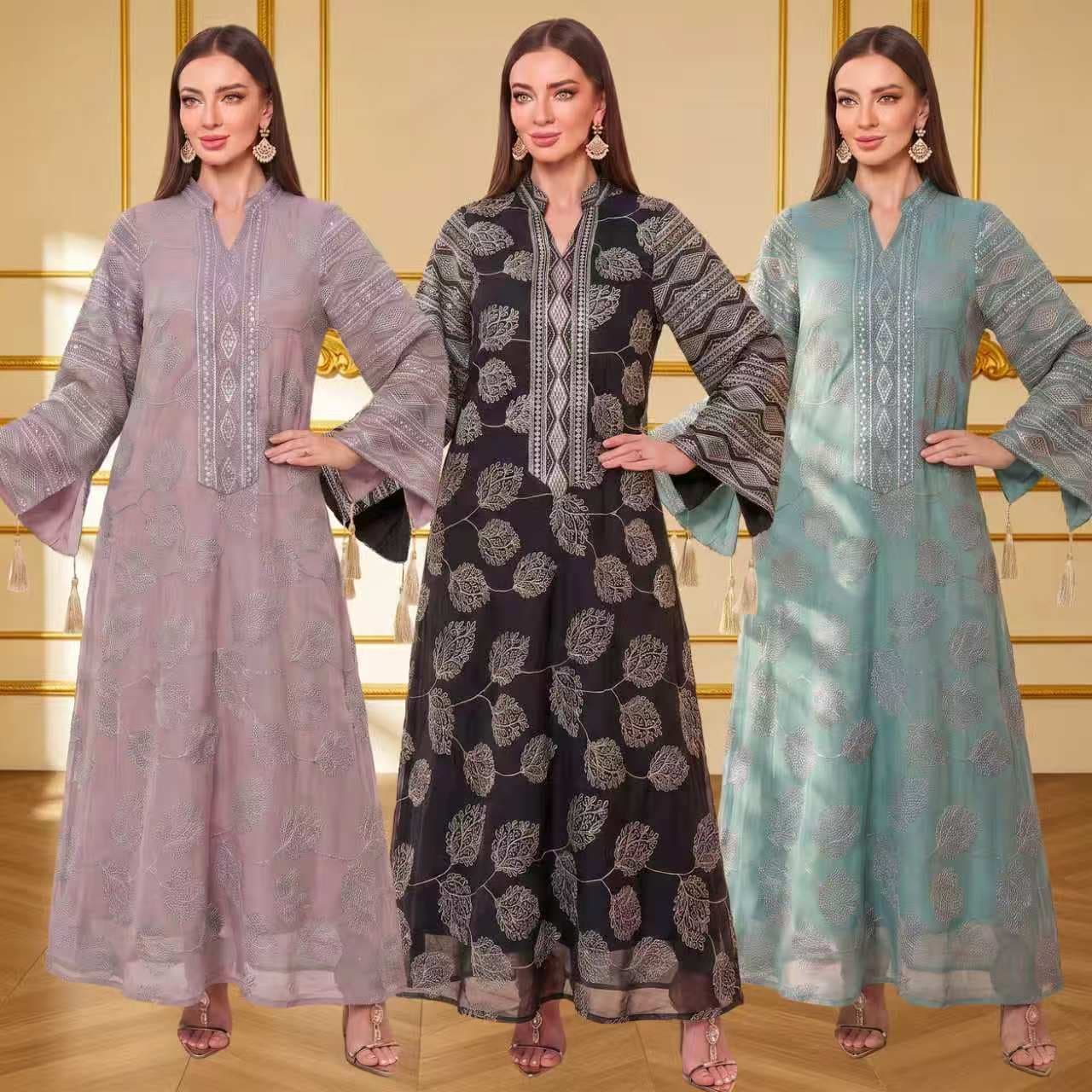 CG814 cross-border hot selling tassel big sleeve autumn new ladies embroidered dress elegant long sleeve dress