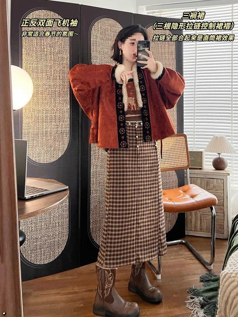 Original Song-style Hanfu women's airplane sleeves three-pleat skirt autumn winter style thickened national style slimming set daily work wearable.