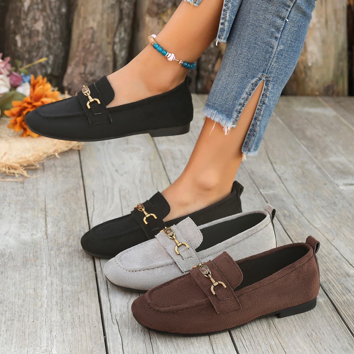 European and American Cross-Border Large Size Metal Buckle Flat Solid Color Loafer Shoes Korean Style Casual Suede Leather Shoes Slip-On