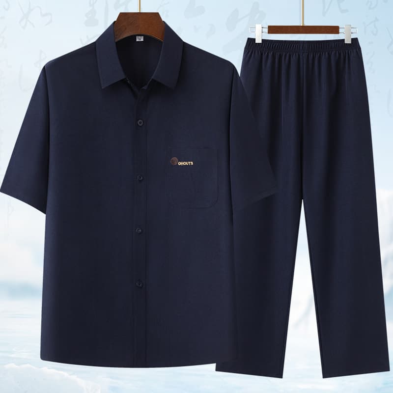 2025 Summer Father's Outfit Set: Ice Silk Short-Sleeve T-Shirt for Middle-Aged and Elderly Men