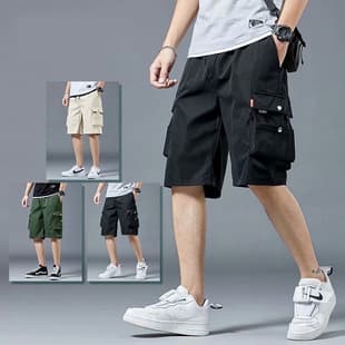 Men's Summer Work Shorts, Loose Casual Ins Korean Trendy Hip-Hop Multi-Pocket Knee-Length Shorts