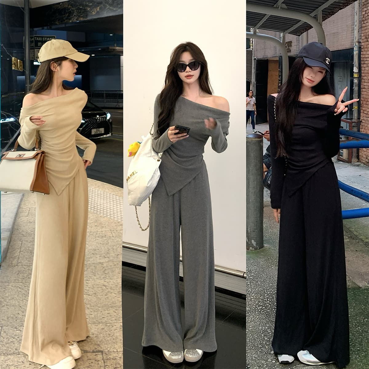 2025 Autumn/Winter New Gentle Style Off-Shoulder Elegant Slimming Top Set Women Casual Wide-Leg Pants Two-Piece Set