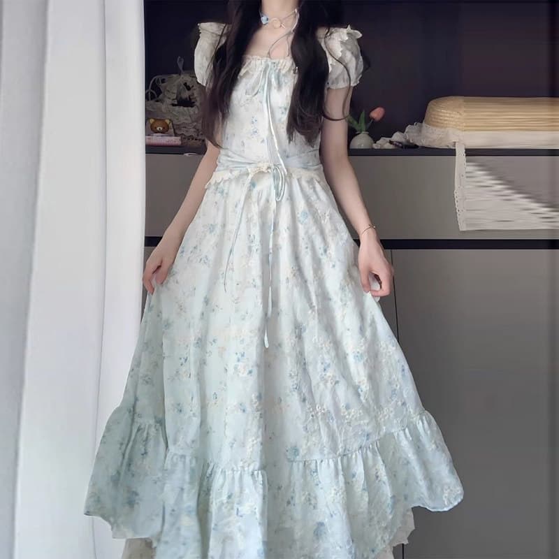 Girls sweet floral dress summer new style junior high school students beautiful vacation waist fairy long skirt girl