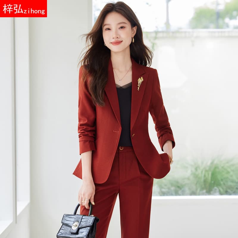 Red Suit Set for Women Autumn New Style Host Broadcaster Formal Workwear Professional Blazer
