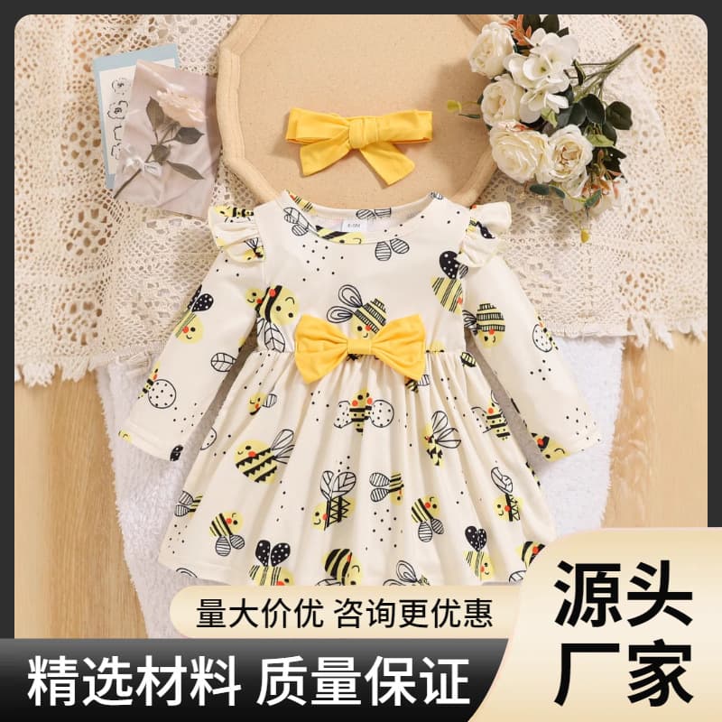 New Export Style All-Over Print Cartoon Little Bee Long-Sleeve Bow Dress + Headband, Cute Baby Outfit for Outings