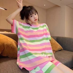 Fashion Sport Set Women 2026 Summer New Short Sleeve Striped Sleeve Shorts Plus Size Loose Casual Two-Piece Set