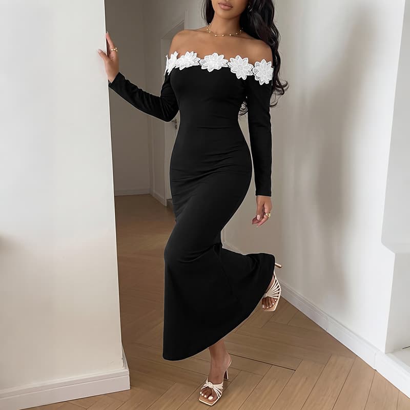 TikTok 2026 Autumn/Winter New Gentle Mature Fishtail Dress with 3D Floral Off-Shoulder Long Sleeve Waist-Tightening Design