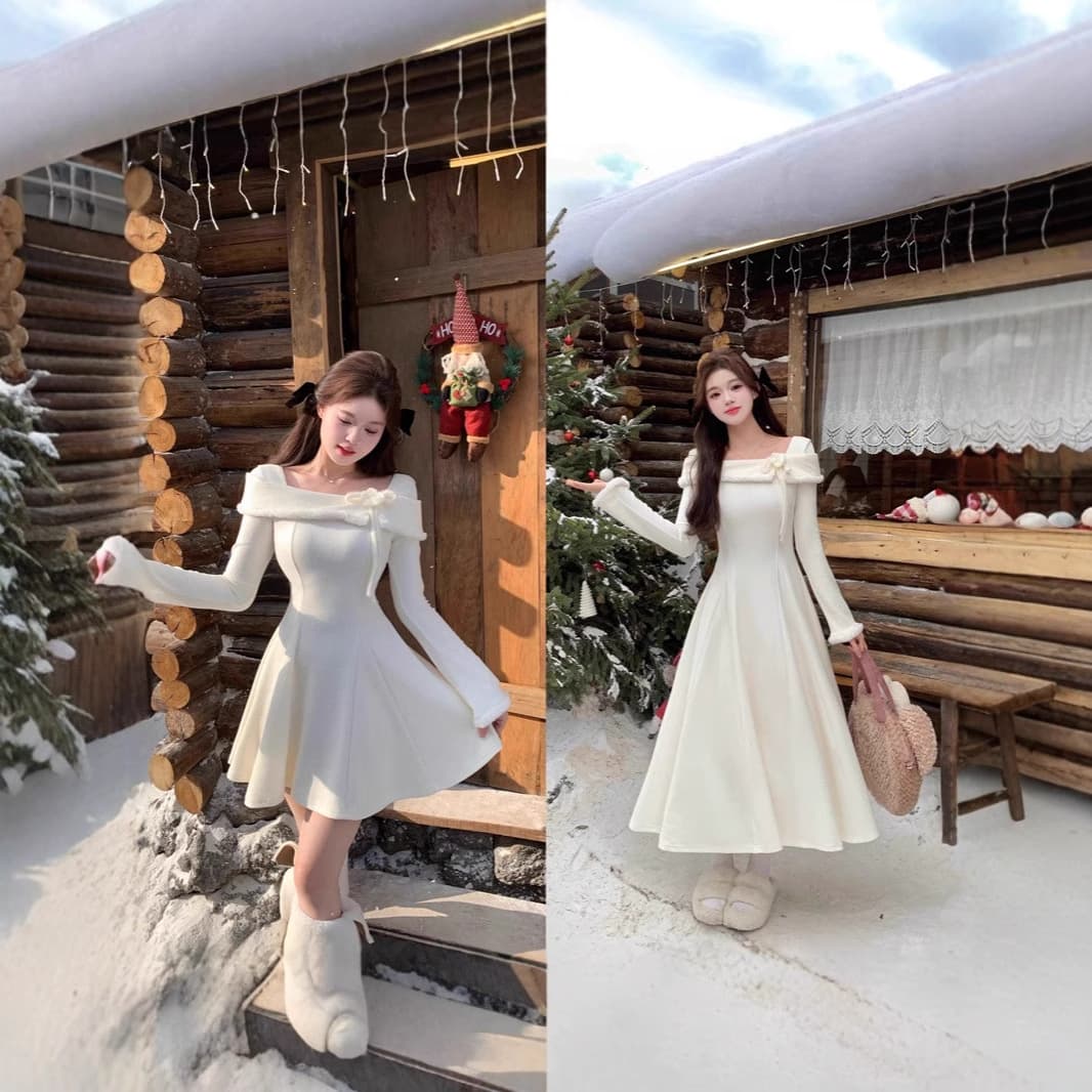 Plus Size Elegant Off-Shoulder White Knit Dress for Women Autumn Winter 2024 New Inner Sweater Skirt Long Dress Princess Style