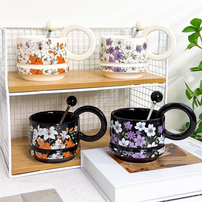 Vintage Floral Ceramic Mug with Large Round Handle and Spoon, Wide Rim Afternoon Tea Coffee Cup for Women Office