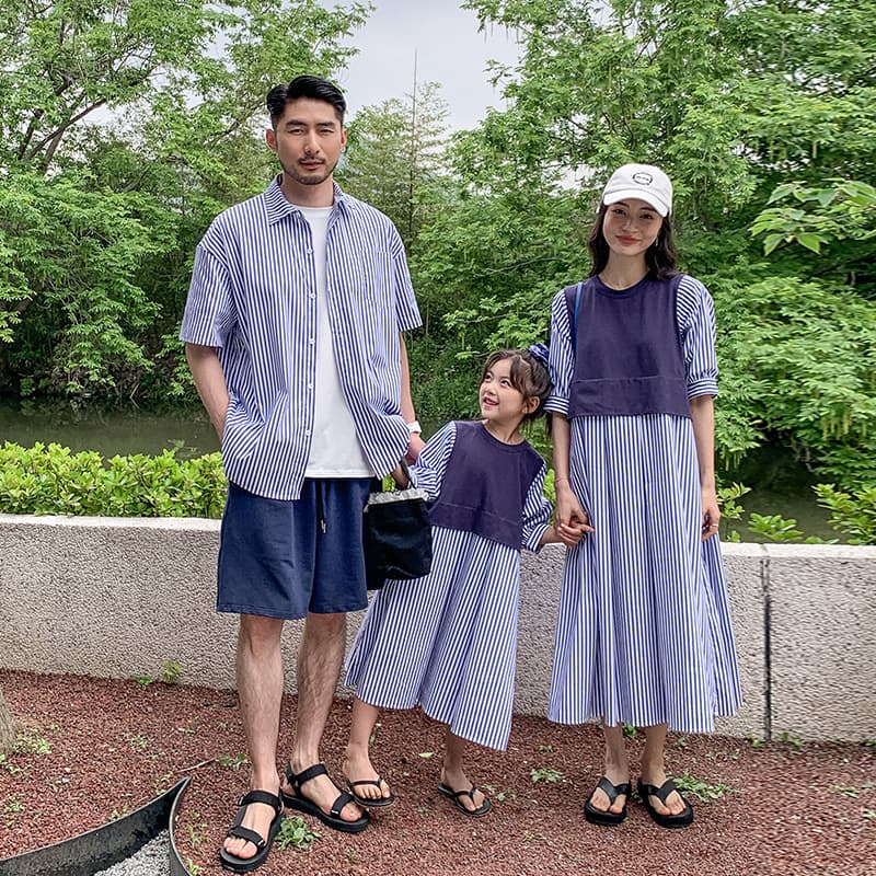 Striped Patchwork Shirt Dress Family Matching Outfit 2026 New Korean Style Trendy Parent-Child Set for Family of Three or Four