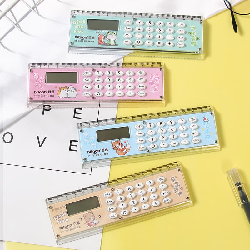 Baitong 7839 Ruler Calculator, Mini Cute Cartoon Gift Ruler with Computer, Korean Style Creative Design