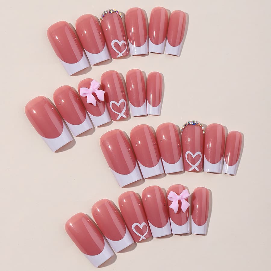 Minimalist Style Wearable Nails Valentine's Day Heart Bow Sweet Girl Nail Tips 24pcs Removable Nails