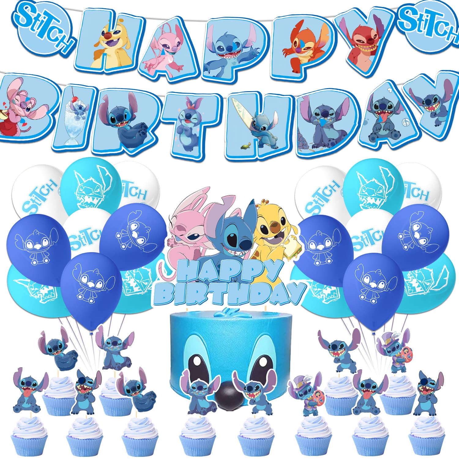 Blue Lilo and Stitch Amazon Stitch children's birthday party decoration props cross-border paper flag card balloons