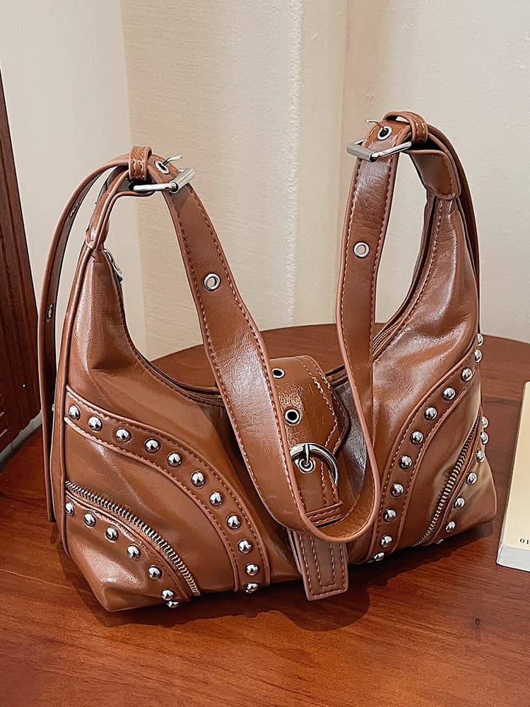 Niche Design New Retro Personalized Edgy Studded Moto Bag Commuter Versatile Single Shoulder Crossbody Underarm Dumpling Bag
