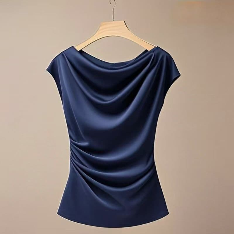 French Drape Neck One-Shoulder Top Women's 2025 Summer New Short Sleeve Blouse High-End Waist-Cinching Slim Fit Shirt
