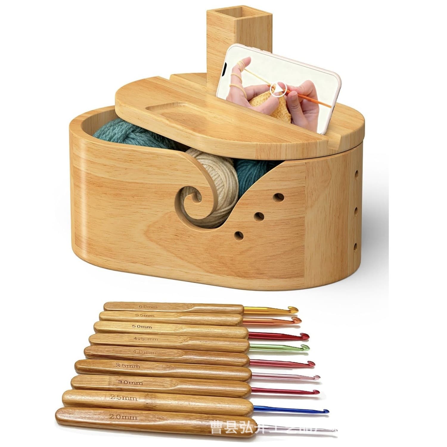 Oval Yarn Bowl Set with Lid Crochet Holder Wooden Hand Knitting Yarn Bowl Multi-Hole Yarn Storage Bowl