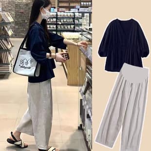Maternity Summer Outfit, New Salt-Style Light Mature, Petite, Slimming, Age-Reducing Loose Top + Cotton Linen Pants Set