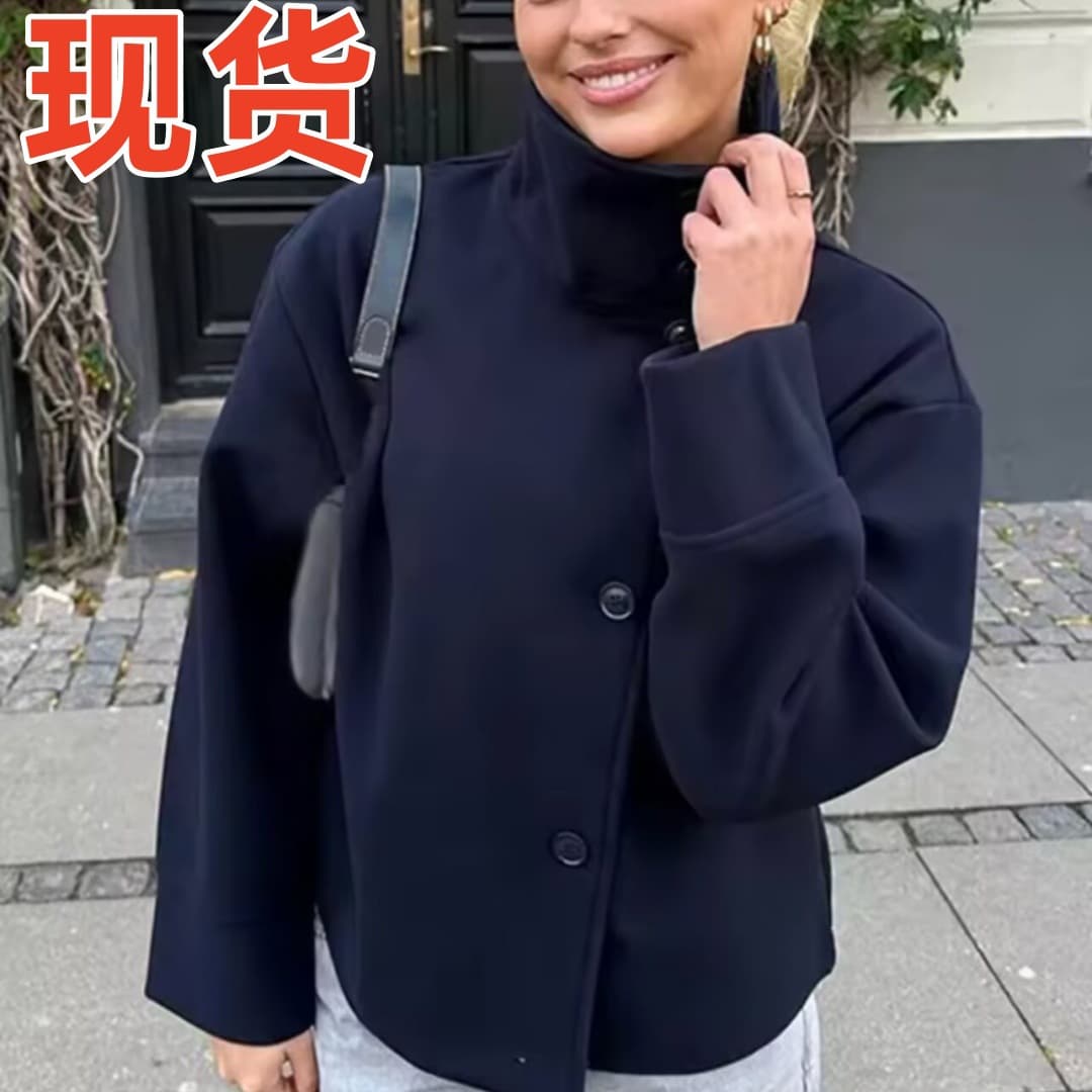 European and American cross-border spring and autumn women's jackets, elegant, stand-up collar, double-breasted women's short loose woolen jackets